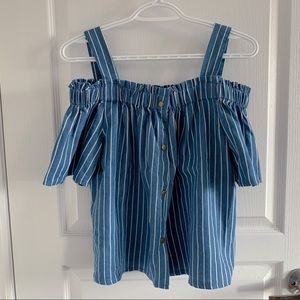 Denim blue and white off the shoulder shirt